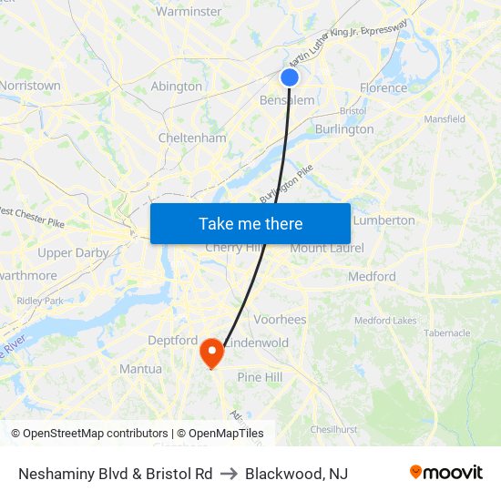 Neshaminy Blvd & Bristol Rd to Blackwood, NJ map