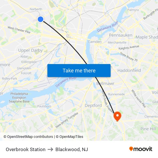 Overbrook Station to Blackwood, NJ map