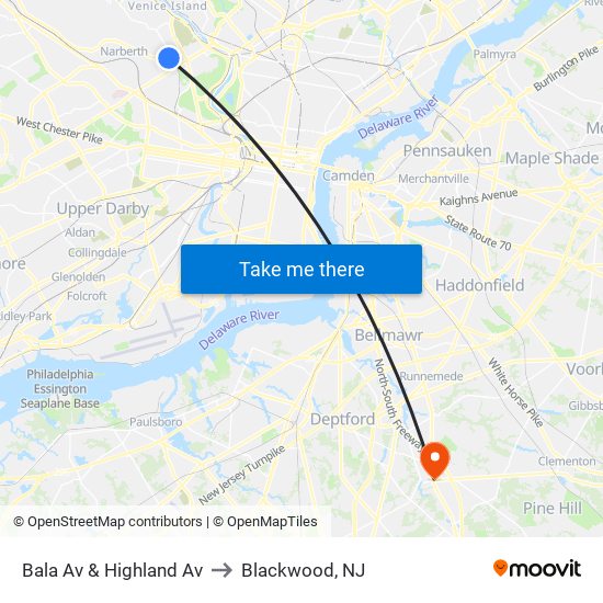 Bala Av & Highland Av to Blackwood, NJ map