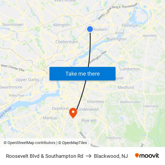 Roosevelt Blvd & Southampton Rd to Blackwood, NJ map