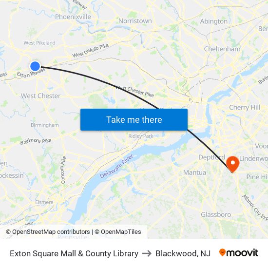 Exton Square Mall & County Library to Blackwood, NJ map