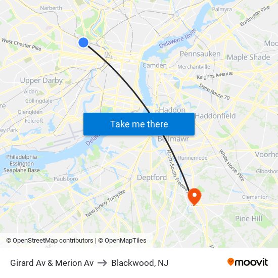 Girard Av & Merion Av to Blackwood, NJ map