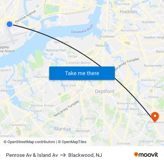 Penrose Av & Island Av to Blackwood, NJ map