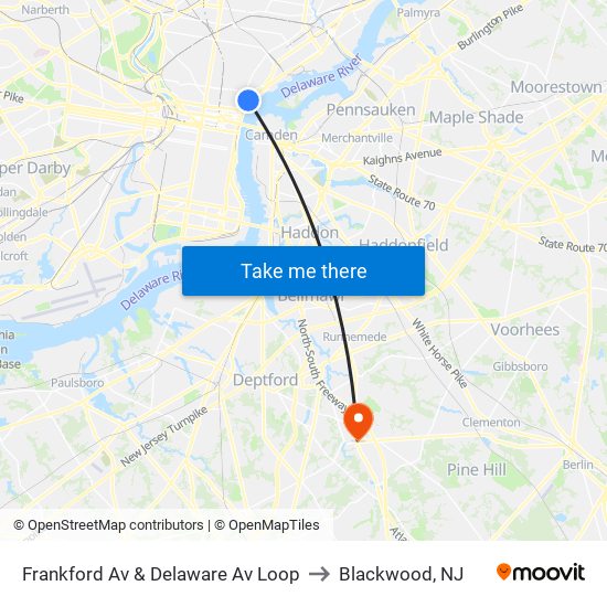 Frankford Av & Delaware Av Loop to Blackwood, NJ map