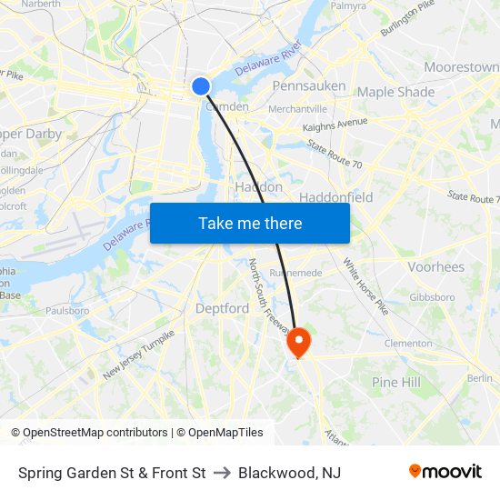 Spring Garden St & Front St to Blackwood, NJ map