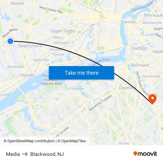 Media to Blackwood, NJ map
