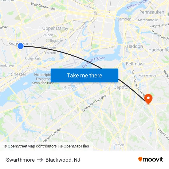 Swarthmore to Blackwood, NJ map