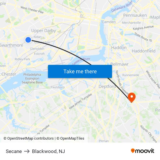 Secane to Blackwood, NJ map