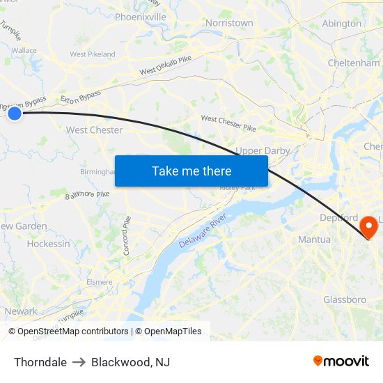 Thorndale to Blackwood, NJ map