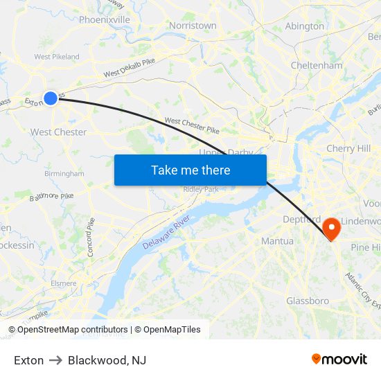 Exton to Blackwood, NJ map