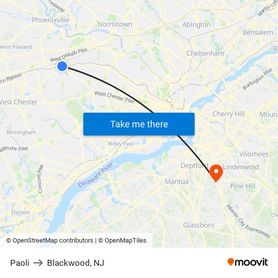 Paoli to Blackwood, NJ map