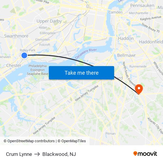 Crum Lynne to Blackwood, NJ map