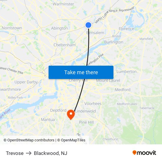 Trevose to Blackwood, NJ map
