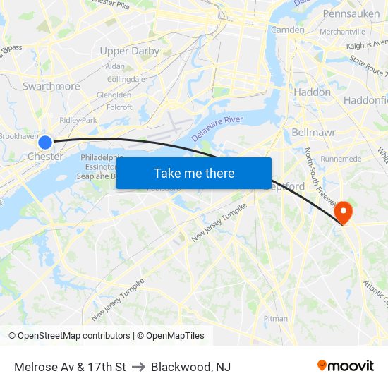 Melrose Av & 17th St to Blackwood, NJ map