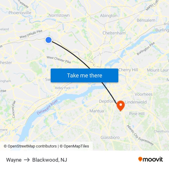 Wayne to Blackwood, NJ map