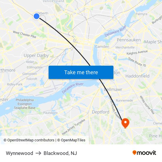 Wynnewood to Blackwood, NJ map
