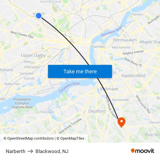 Narberth to Blackwood, NJ map