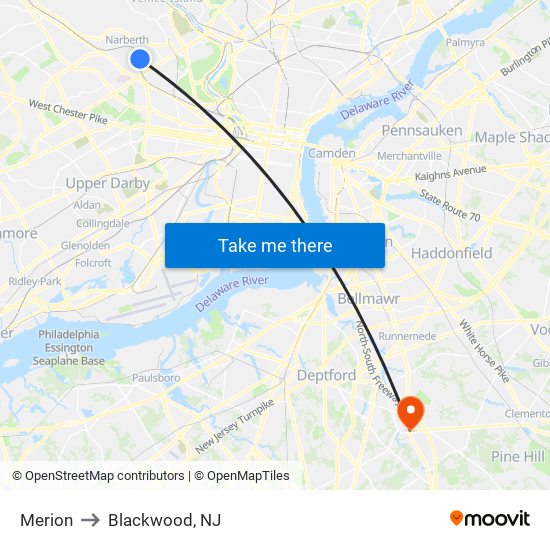 Merion to Blackwood, NJ map