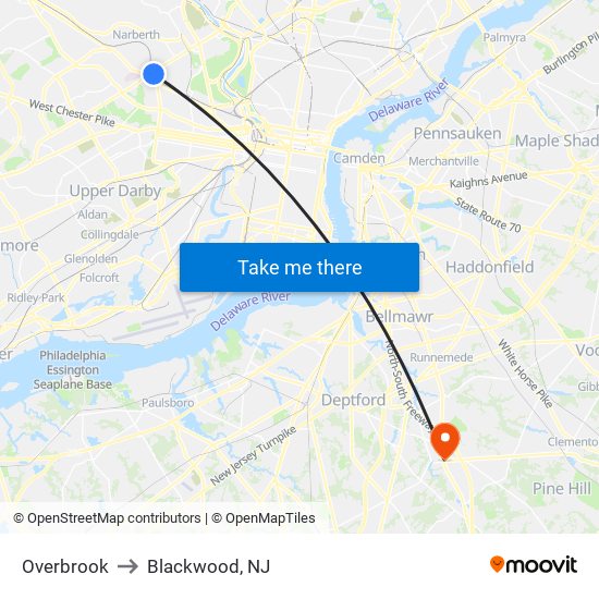 Overbrook to Blackwood, NJ map