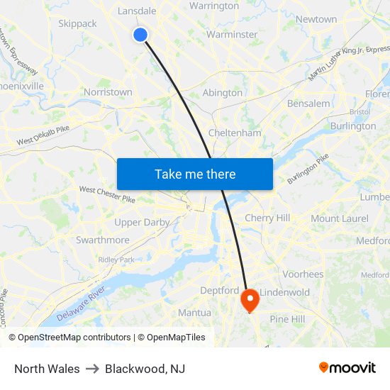 North Wales to Blackwood, NJ map