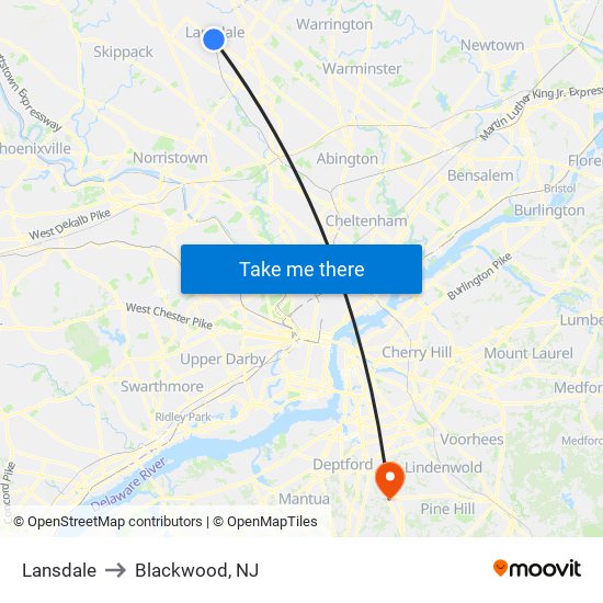 Lansdale to Blackwood, NJ map