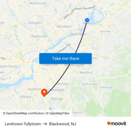 Levittown-Tullytown to Blackwood, NJ map