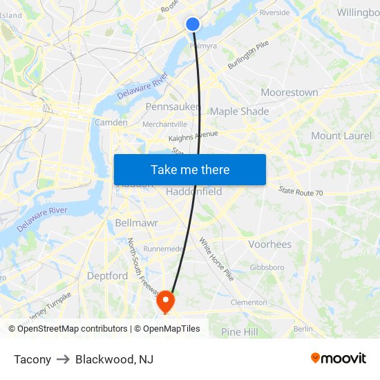 Tacony to Blackwood, NJ map