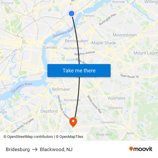 Bridesburg to Blackwood, NJ map