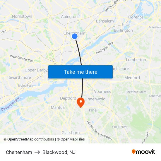 Cheltenham to Blackwood, NJ map