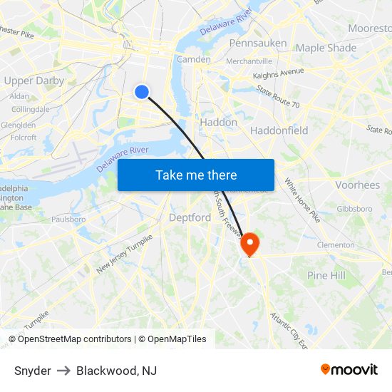 Snyder to Blackwood, NJ map