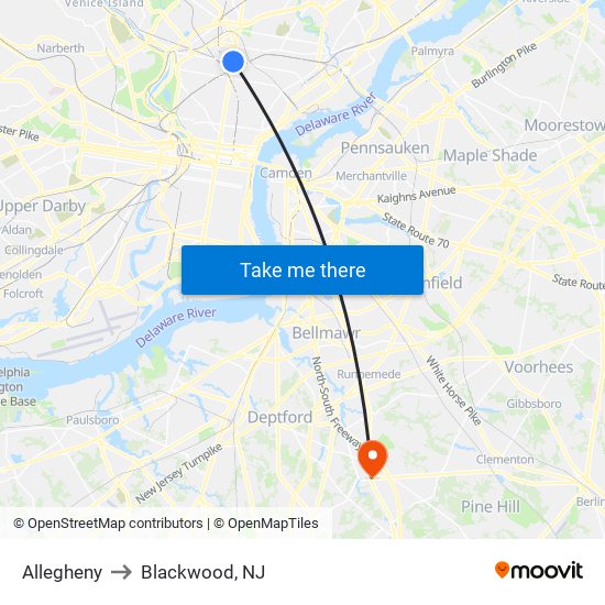 Allegheny to Blackwood, NJ map