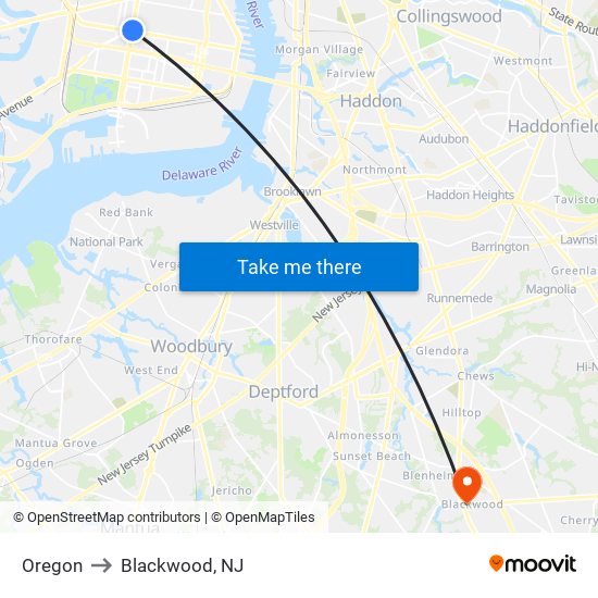 Oregon to Blackwood, NJ map