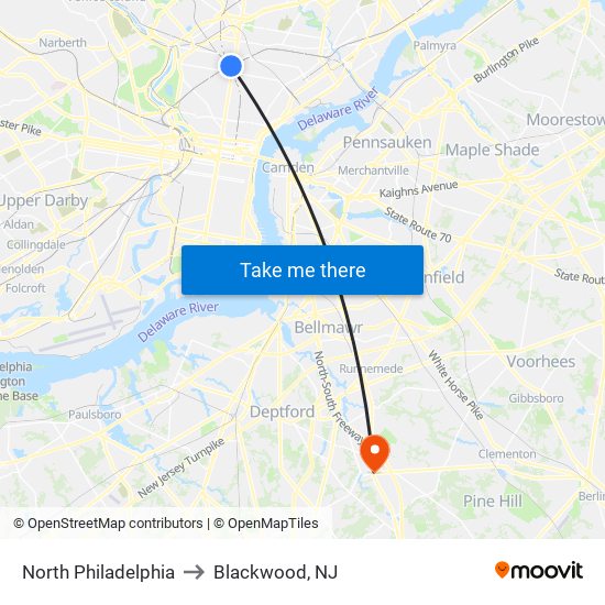 North Philadelphia to Blackwood, NJ map