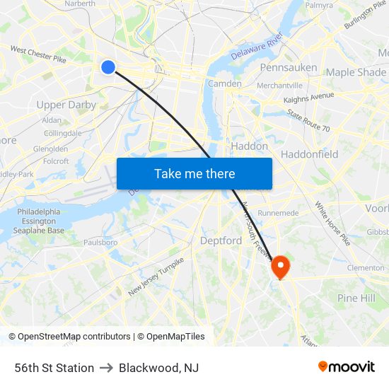 56th St Station to Blackwood, NJ map