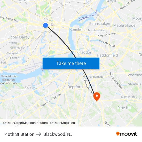 40th St Station to Blackwood, NJ map