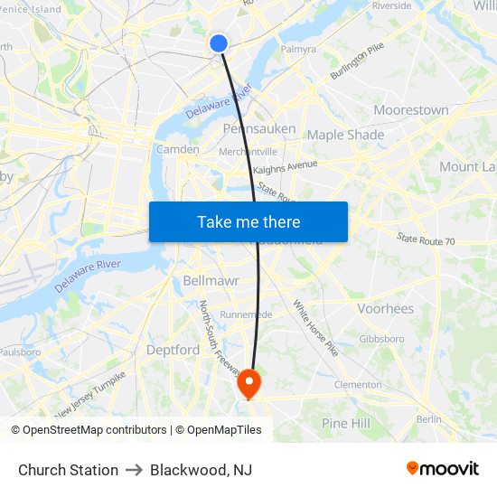 Church Station to Blackwood, NJ map