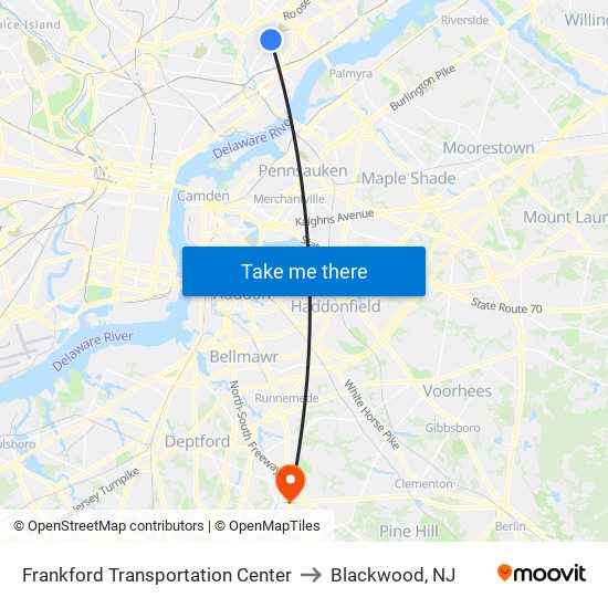 Frankford Transportation Center to Blackwood, NJ map