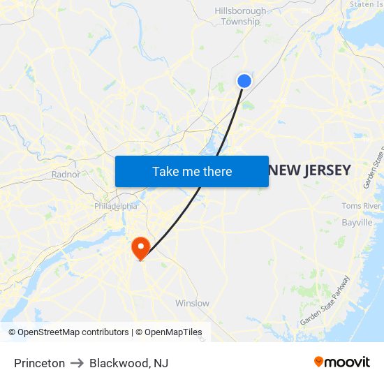 Princeton to Blackwood, NJ map