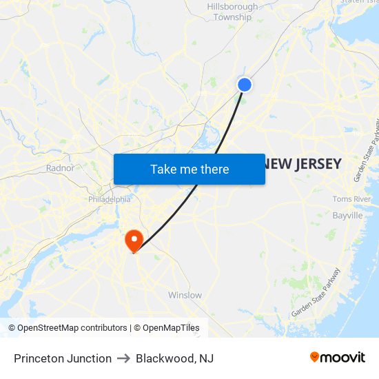 Princeton Junction to Blackwood, NJ map