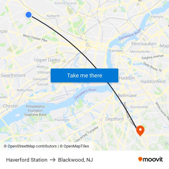 Haverford Station to Blackwood, NJ map