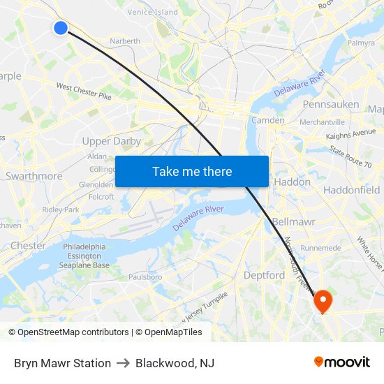 Bryn Mawr Station to Blackwood, NJ map