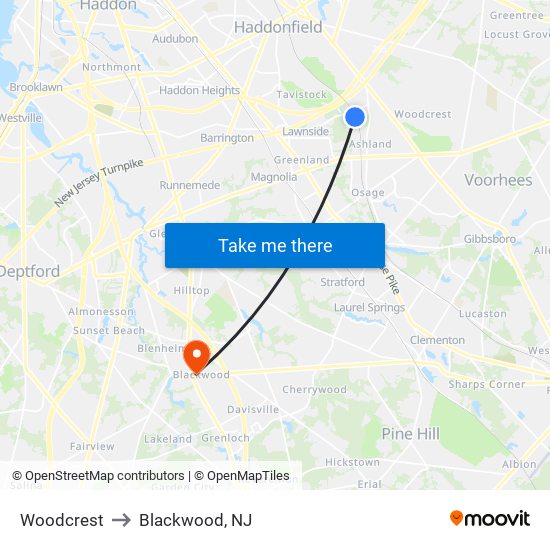 Woodcrest to Blackwood, NJ map