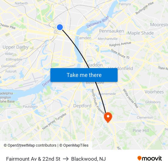 Fairmount Av & 22nd St to Blackwood, NJ map