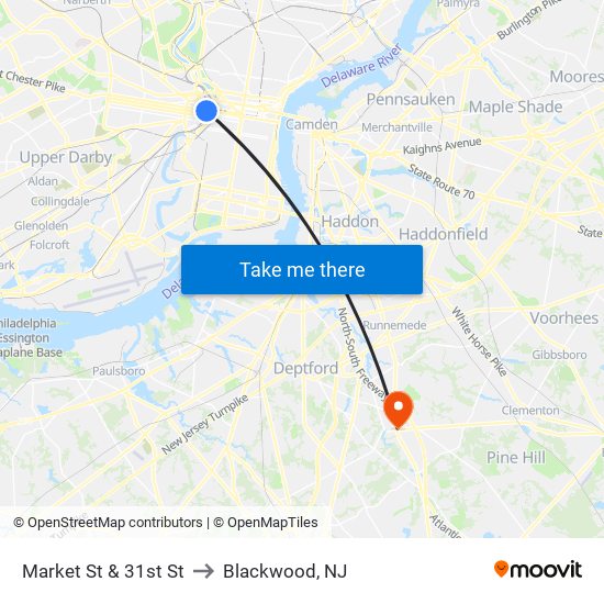 Market St & 31st St to Blackwood, NJ map