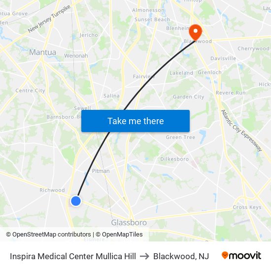 Inspira Medical Center Mullica Hill to Blackwood, NJ map