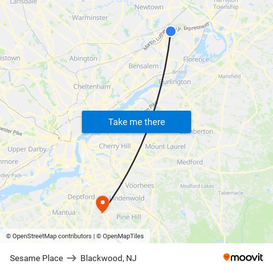 Sesame Place to Blackwood, NJ map