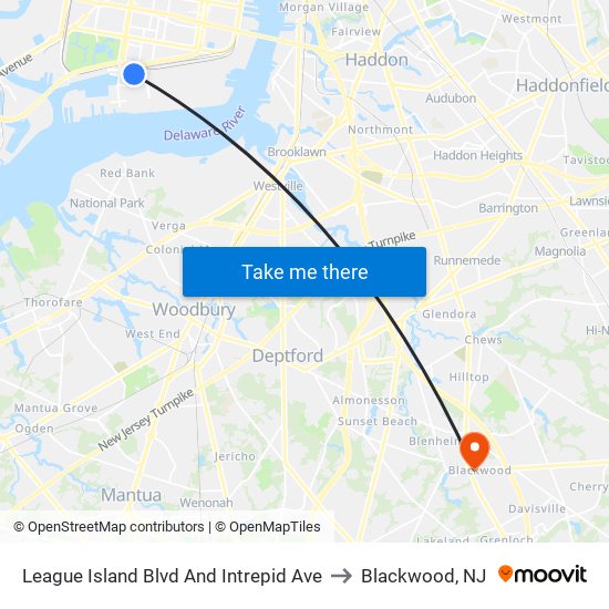 League Island Blvd And Intrepid Ave to Blackwood, NJ map