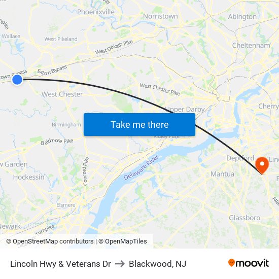 Lincoln Hwy & Veterans Dr to Blackwood, NJ map