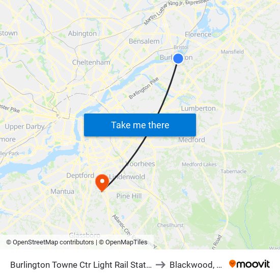 Burlington Towne Ctr Light Rail Station to Blackwood, NJ map