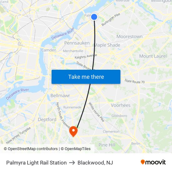 Palmyra Light Rail Station to Blackwood, NJ map